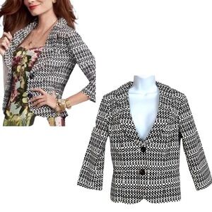 CAbi Black White Cotton Blazer Jacket Sz 4 Career Casual Geometric Office Siren